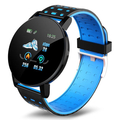 Bluetooth Smart Watch with Fitness Tracker & Call Alerts featuring a round 1.3 inch LED display, heart rate monitor, and blue-black strap. Ideal for tracking steps, calories, and time with a 7-day battery life.
