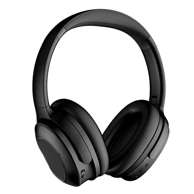Head-mounted noise-cancelling wireless headphones with Bluetooth 5.0 and built-in call function. Sleek black design ideal for immersive stereo sound.