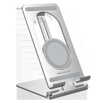 Wireless charging receiver patch end with fast charging capability, foldable and portable stand for smartphones and mobile devices, sleek universal Qi-compatible design ideal for travel and desktop use.