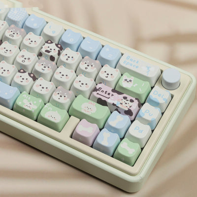 Cute puppy-themed full set PBT sublimation keycaps designed for mechanical keyboards, featuring vibrant colors and durable material for a stylish and personalized typing experience.