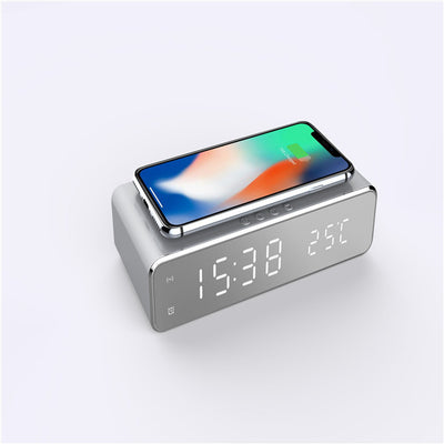 Wireless charging alarm clock with digital time display, built-in thermometer, and fast wireless phone charging — ideal desktop clock for bedside or office use