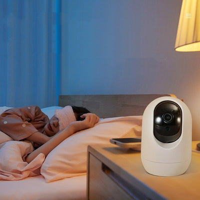 Wireless WiFi voice intercom camera with night vision, smart home monitoring, motion detection lighting, remote surveillance, two-way audio, security camera for home, indoor/outdoor use, high-definition video.
